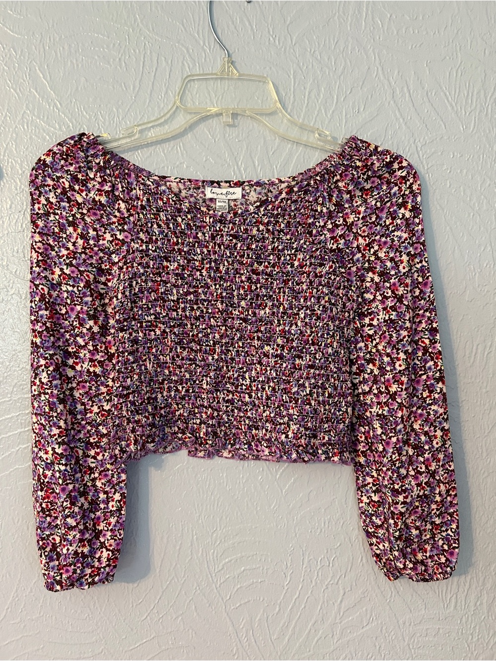 love, Fire Purple Floral Smocked Crop Top with Puff Sleeves